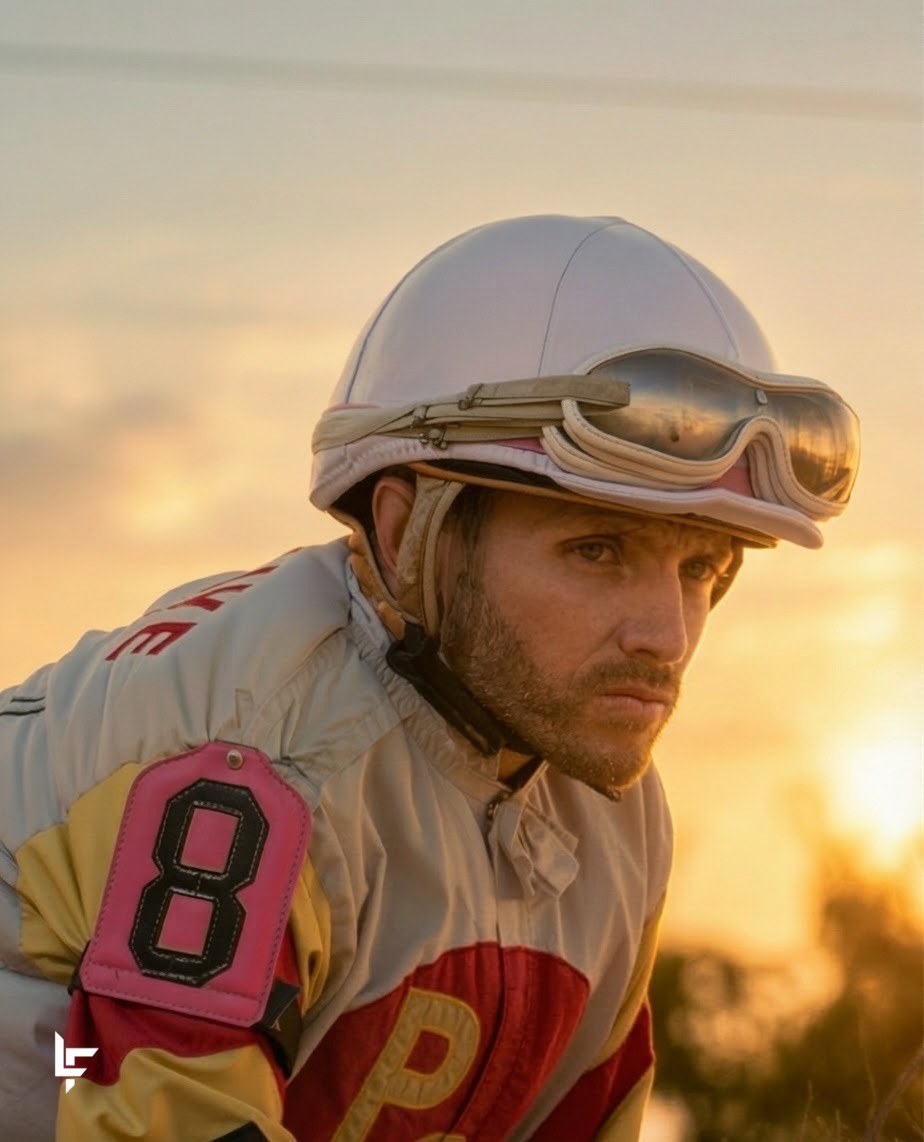 A jockey in a helmet and goggles, lit by the warm glow of late afternoon.
